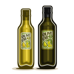 Fototapeta na wymiar Vector logo 2 green glass Bottle with pure Olive Oil, bottles virgin cooking olive oil, container natural organic liquid with cap and label with olives branch and oily drop, closeup isolated on white.