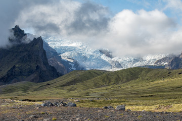 Vatnajokull glacier along the ring road in southern Iceland. Vatnajokull is one of the largest glaciers in Europe