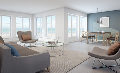 Naklejka na ściany i meble Sea view living and dining room in modern beach house - 3D rendering