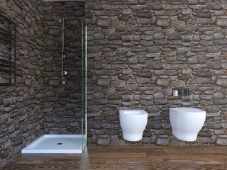 Modern interior of a bathroom in a city apartment. 3D Render