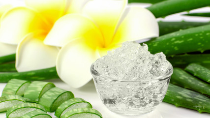 Pure Aloe Vera gel on aloe vera leaves and plumeria background.