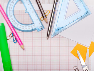 School background with colorful accessories frame