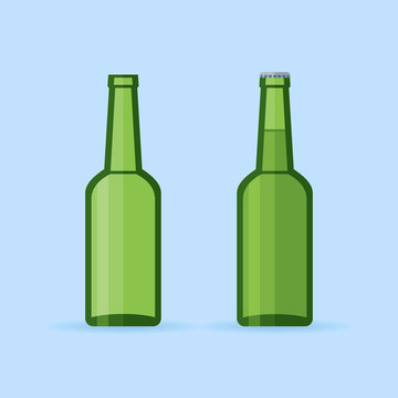 Green glass beer bottles isolated on blue background. Empty and full bottle with cap. Flat style vector illustration.