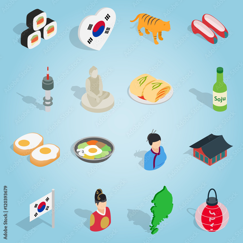 Aufkleber isometric korea icons set. universal korea icons to use for web and mobile ui, set of basic korea el
