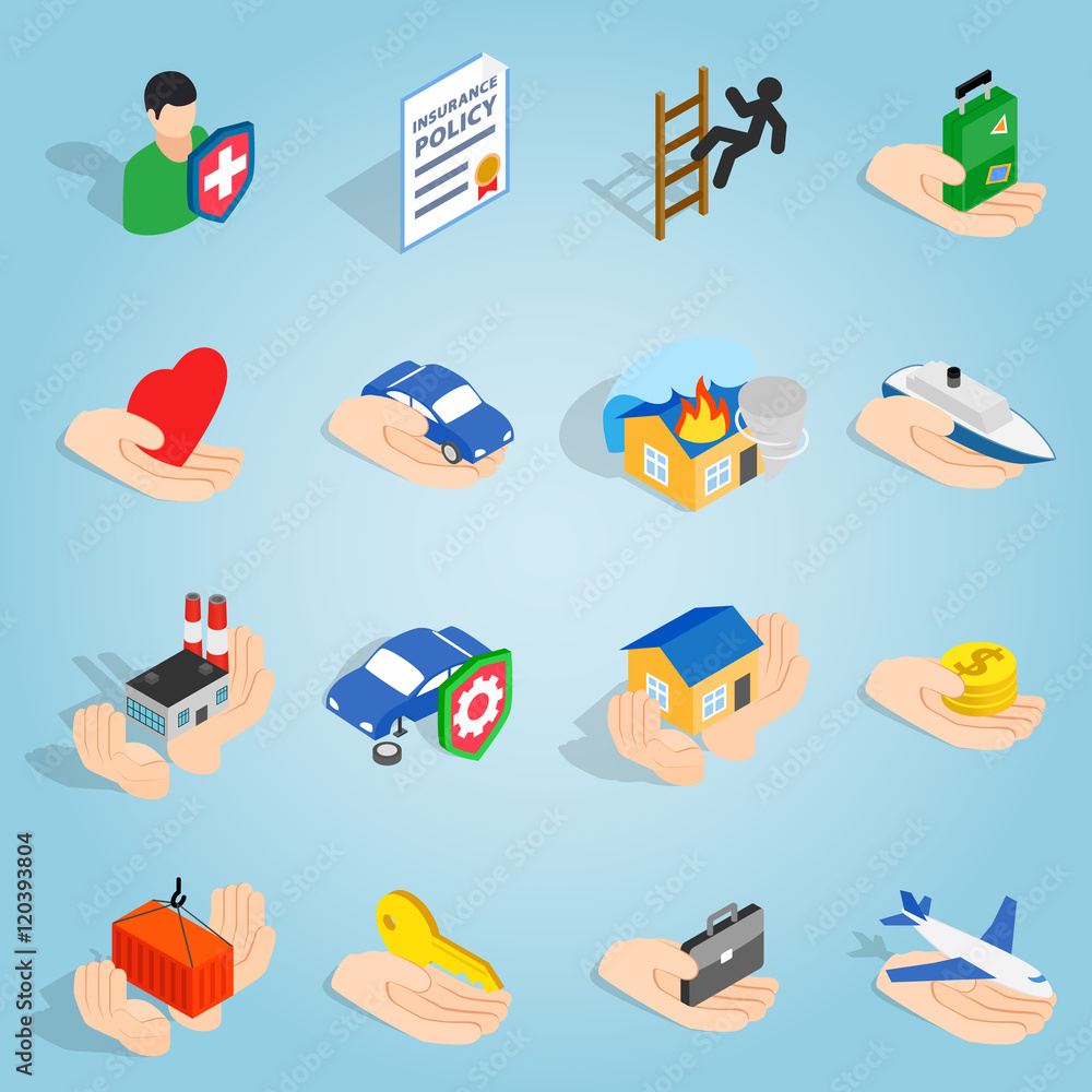 Poster isometric insurance icons set. universal insurance icons to use for web and mobile ui, set of basic 