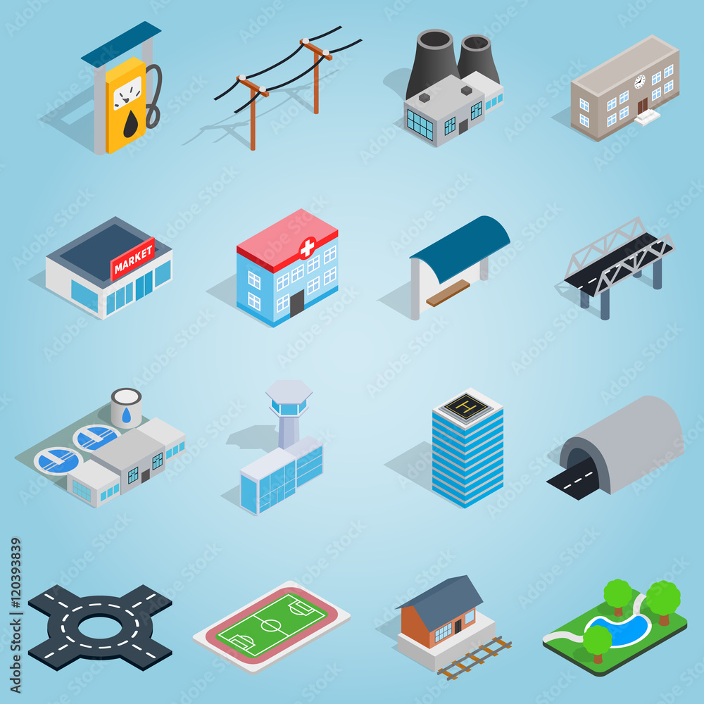 Poster Isometric infrastructure icons set. Universal infrastructure icons to use for web and mobile UI, set of basic infrastructure elements vector illustration