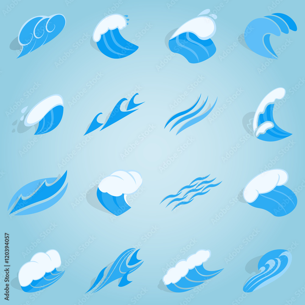 Poster isometric water wave set icons. universal water wave icons to use for web and mobile ui, set of basi