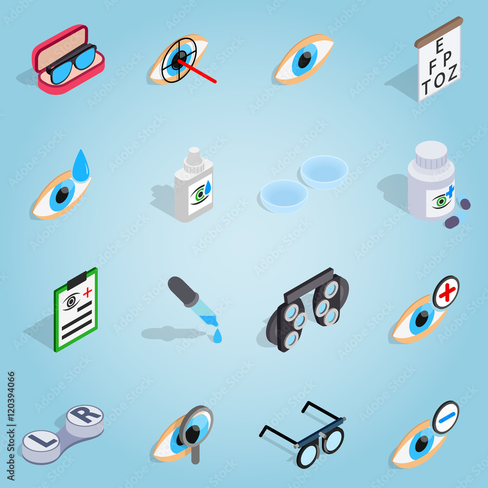 Poster isometric optometry set icons. universal optometry icons to use for web and mobile ui, set of basic 