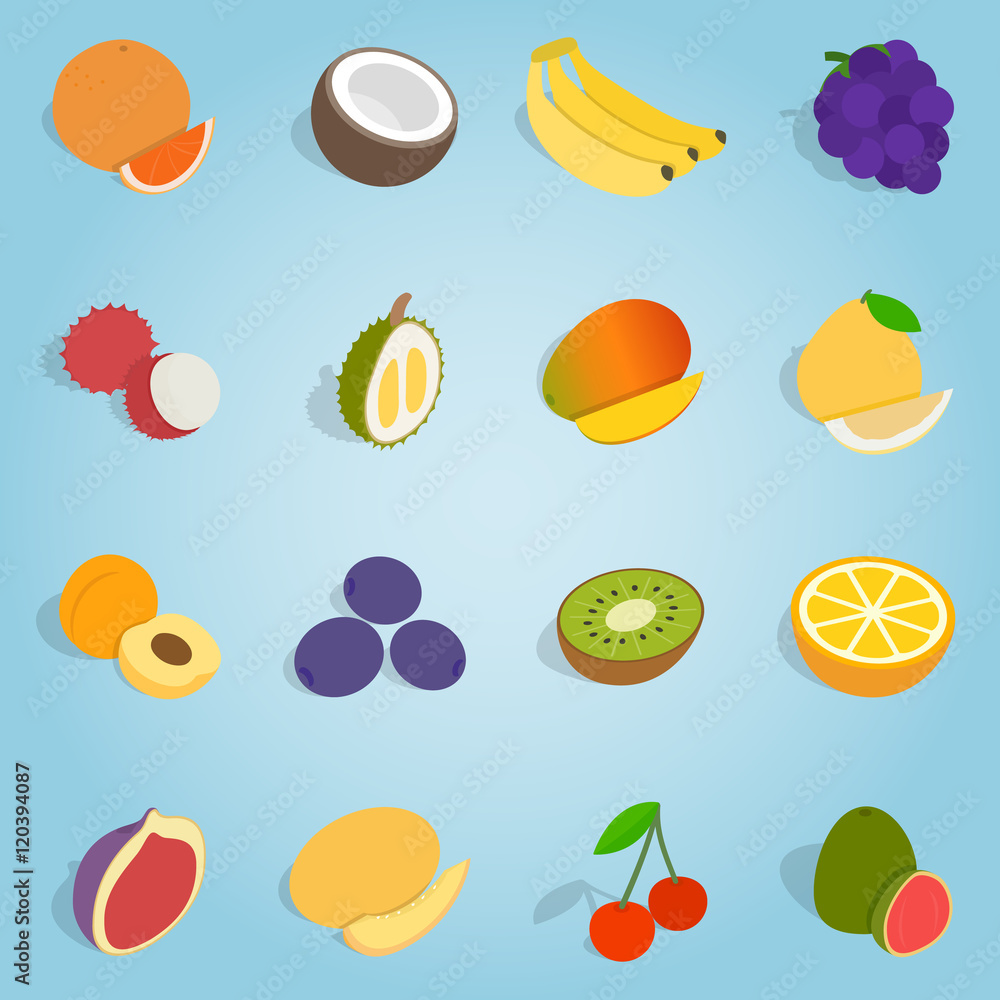 Poster isometric fruit set icons. universal fruit icons to use for web and mobile ui, set of basic fruit el