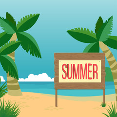 Fototapeta premium A summer beach, palms, sea, clouds, sand, grass, table, is inscr