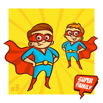 Super Family. Father and Son Superheroes. Vector Illustartion