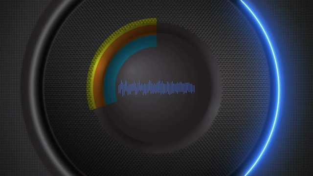 Speaker animation that plays low bass frequencies. Animated audio elements background with smoke. Place for your text. 4K animation seamless loop.
