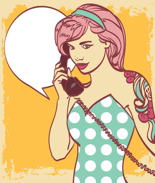 Vector vintage colorful art of very beautiful subculture punk, hipster woman with phone, pin up, pop art illustration in vector format. Isolated eps10, more in my gallery.