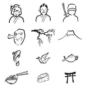Japan culture drawing icons set