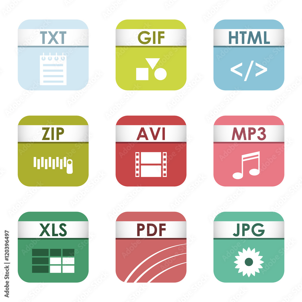 Fototapete simple vector square file types and formats labels icon set. file type format icons presentation doc
