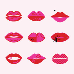 Retro assorted red and pink pop art women lips icons set poster on skin pink background