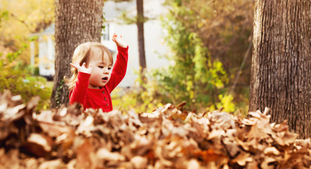 Toddler girl playing outside in fall leaves