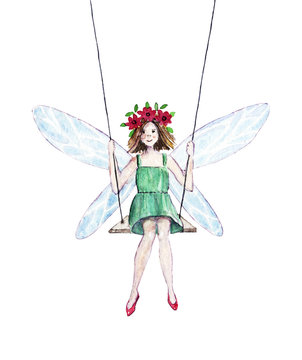 Watercolor Illustration Of A Fairy On A Swing