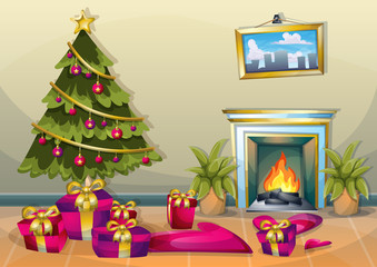 Fototapeta na wymiar cartoon vector illustration interior Christmas room with separated layers in 2d graphic