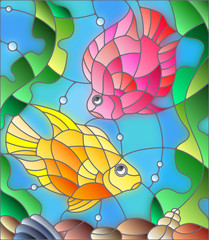 Naklejki  Ilustracja w stylu witrażu z parą papugoryb księżniczki na tle wody i alg