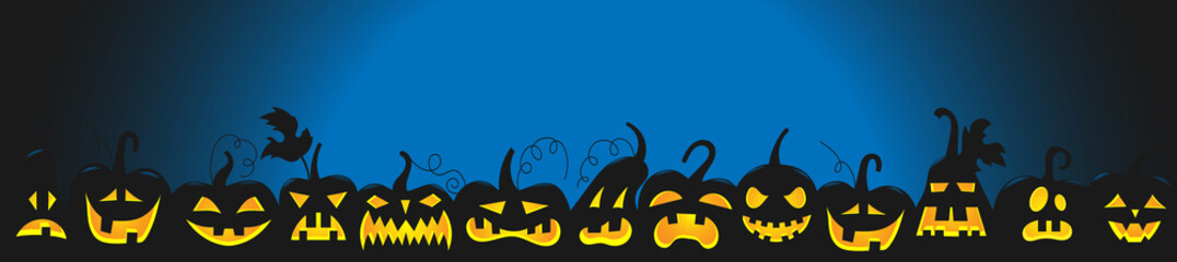 Horizontal background for Halloween, the dark silhouettes of pumpkins with glowing eyes on blue background