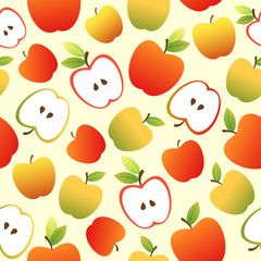 Seamless vector pattern with red and green apples and apple slices.