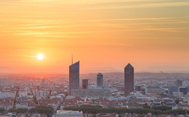 Towers of Part-Dieu, Lyon, during a summer sunrise. Seen from Fourviere hill.