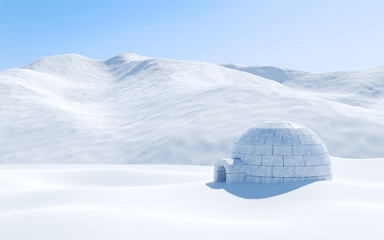 Igloo isolated in snowfield with snowy mountain, Arctic landscape scene