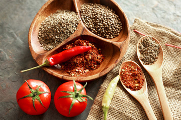 Variety of spices on kitchen table