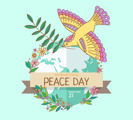International Peace Day. 21 september. Peace dove with olive branch over the planet overgrown flowers. Hand drawn. Vector Illustration.