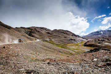 Manali-Leh Road in Indian Himalayas with lorry