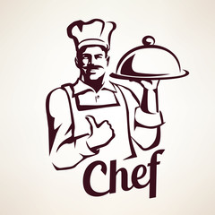 chef stylized vector portrait, culinary and restaurant retro emb