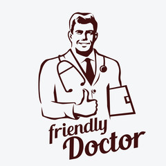 doctor portrait retro emblem, stylized sketch of smiling doctor