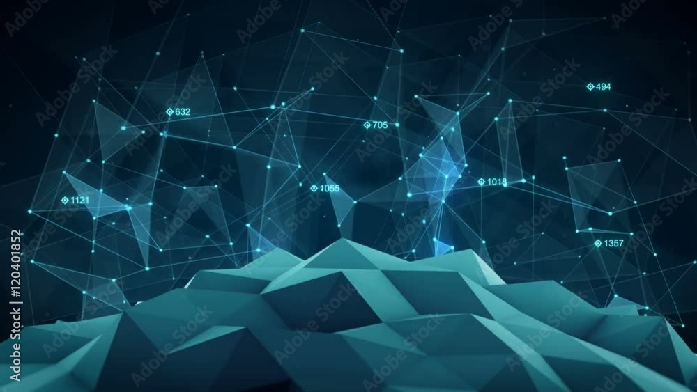 Poster low poly blue futuristic network shape. abstract future technology construction. 3d render smooth an