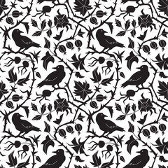 Dark floral pattern with crow - 120401896