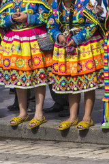 Peruvian dancers at the parade in Cusco. People in traditional clothes.