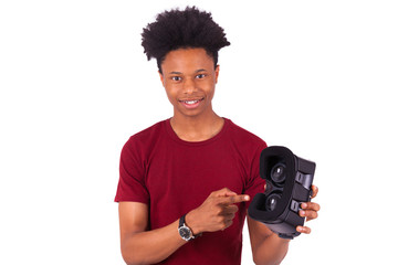 African American young man giving a vr virtual reality headset o