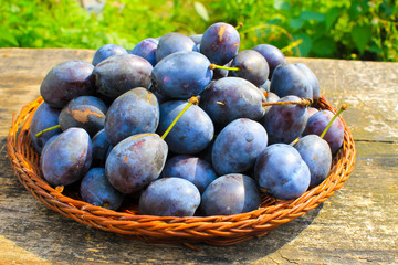 Fresh plums in rustic bowl on old wooden background