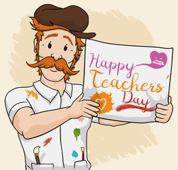 Art Teacher Holding a Sign with Greeting Message, Vector Illustration