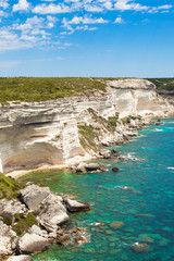 View of Bonifacio wild coast cliff rocks, Corsica island, France
