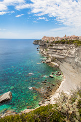 View of Bonifacio old town built on top of cliff rocks, Corsica