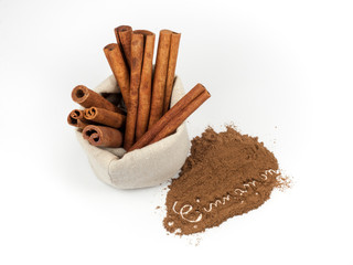 Bunch of cinnamon sticks in a canvas bag and 