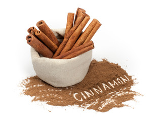 Bunch of cinnamon sticks in a canvas bag and 