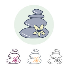 Modern vector line icon of hot stone massage. Spa salon linear logo. Outline symbol for thai massage. Elements - stones, flower.