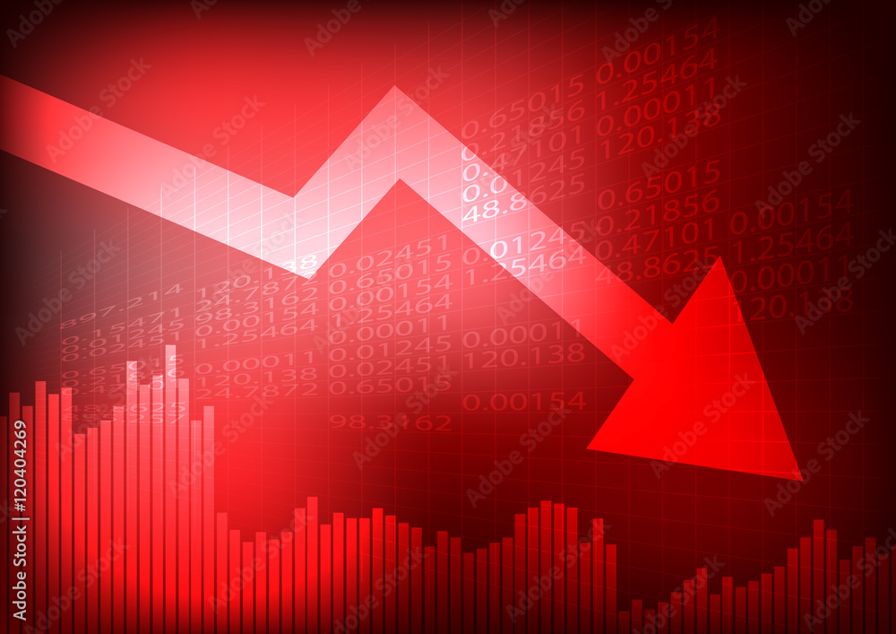 Poster vector : decreasing graph and arrow on red stock board