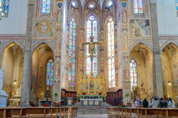 High altar with a wooden painted crucifix icon in the basilica Santa Croce Florence