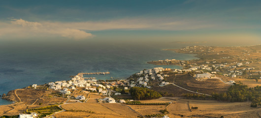 Aerial view of local villages at Paros island in Greece. Panoramic view.

