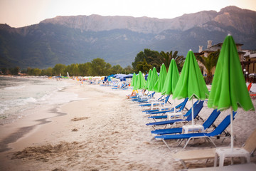 Beach beds and umbrellas in Thassos