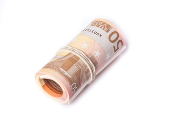 50 euro bank notes stack wrapped and rolled together