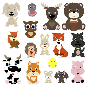 collection of cute animals in cartoon style. Set isolated objects on white background. Templates for decoration and design of the album and scrapbook. Vector illustration